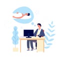 Sleepy man. Guy wishing sleep at office in morning. Tired adult sad person desirous rest. Cartoon vector manager at work Royalty Free Stock Photo