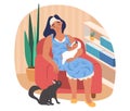 Sleepy mom holding her baby while sitting in armchair, flat vector illustration. Tired, exhausted mother with newborn.