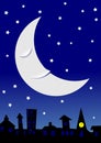 Sleepy moon over townscape