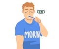 Sleepy Office Employee Brushing Teeth in the Morning as Day Routine Getting Ready for Work Vector Illustration