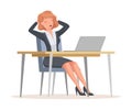 Sleepy Office Woman in Suit at Desk with Laptop Yawning Engaged in Workflow Vector Illustration Royalty Free Stock Photo