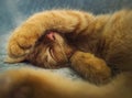 Sleepy orange kitten takes a nap indoors on the sofa. Little ginger cat sleeping tight in a cute position, covering muzzle with Royalty Free Stock Photo