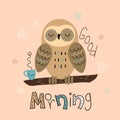 A sleepy owl in a cute style. Good morning. Lettering. Baby shower. Vector Royalty Free Stock Photo