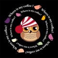 Sleepy owl and dance colored coffee cups Royalty Free Stock Photo