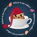 Sleepy owl and dance colored coffee cups Royalty Free Stock Photo