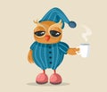 Sleepy Owl Wearing Pajamas Holding Coffee Mug Vector Cartoon