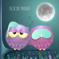 Sleepy owls couple on a branch with a full moon night background