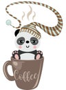 Sleepy panda with hat in coffee mug