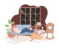 Sleepy parents spending time at night with child in living room vector flat illustration. Parenthood, parenting concept. Royalty Free Stock Photo