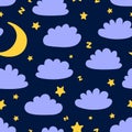 Sleepy seamless pattern with clouds moon and stars. Pajama cloth print, cloud silhouette and yellow crescent on night Royalty Free Stock Photo