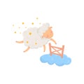 Sleepy sheep surrounded by stars flying through little wooden fence on cloud. Cartoon character of cute domestic animal