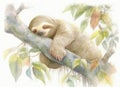 A sleepy sloth dozing in the tree. Cute creature. AI generation