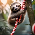 A sleepy sloth hanging from a branch with a candy cane in its paw1