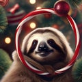 A sleepy sloth hanging from a branch with a candy cane in its paw2