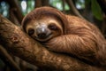 Sleepy Sloth Hangs From Tree Branch, Enjoying Restful Slumber. Generative AI