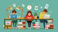 Sleepy sleepy students yawning at their desk with books and laptops. Modern flat illustration of lazy or bored Royalty Free Stock Photo