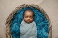 Sleepy swaddled African-American newborn baby boy