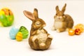 Sleepy brown Easter Bunny with friends and glass eggs