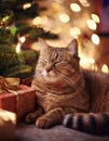 A sleepy tabby cat rests peacefully under a lit Christmas tree, surrounded by wrapped presents Royalty Free Stock Photo