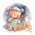 Sleepy Time Teddy Bear Moon Star Dream Watercolor Royalty Free Stock Photo