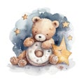 Sleepy Time Teddy Bear Moon Star Dream Watercolor Royalty Free Stock Photo