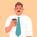 Sleepy or tired employee. A hangover or a disease. Sad businessman holding a glass of coffee