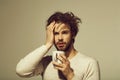 Sleepy tired man with headache hold cup of tea Royalty Free Stock Photo