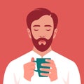 A sleepy and tired man is holding a cup of coffee in his hands. An overworked freelancer.