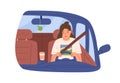 Sleepy tired woman driver in car. Drowsy asleep person driving auto. Female sleeping during ride early in morning. Flat Royalty Free Stock Photo