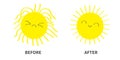 Sleepy Wake up sun shining icon set. Before After. Kawaii face with different emotions. Cute cartoon funny sad happy character.