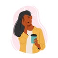 Sleepy Woman Drinking Coffee. Female Character With Tired Expression Holding Cup Of Hot Drink. Morning Routine