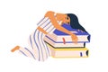 Sleepy woman lying over books and sleeping. Student resting after studying and reading. Asleep reader with academic