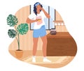 Sleepy woman waking up in the morning, flat vector illustration. Sad girl with cup of coffee. Royalty Free Stock Photo