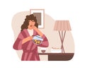 Sleepy woman yawning and drinking strong tea early in morning at home. Hard wakening of drowsy tired person. Female's