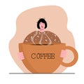 A sleepy yawning disheveled woman in pajamas holds a huge mug of coffee in her hands. Vector illustration