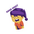 Sleepy yellow boy with purple sleeping hat saying Good night vector illustration on a