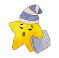 A sleepy yellow star in a striped cap holds a pillow