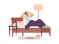 Sleepy young man wake up and stretching in bed at morning a vector illustration. Royalty Free Stock Photo