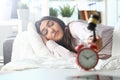 Sleepy young woman portrait with one Royalty Free Stock Photo