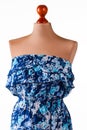 Sleeveless blue floral dress.