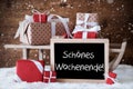 Sleigh With Gifts, Snow, Snowflakes, Schoenes Wochenende Means Happy Weekend Royalty Free Stock Photo