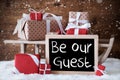 Sleigh With Gifts, Snow, Snowflakes, Text Be Our Guest Royalty Free Stock Photo