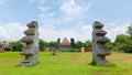 Sleman Regency, Yogyakarta, Indonesia - November 2022 : Ancient Javanese gate in a green garden in Gamplong Studio Alam