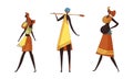 Slender African Woman Wearing Traditional Tribal Clothing and Necklace Carrying Baby Vector Set