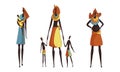 Slender African Woman Wearing Traditional Tribal Clothing and Necklace Carrying Baby Vector Set