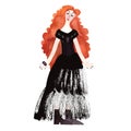 A slender, beautiful, smiling, cheerful young girl with a head of bright red curls in a tight black evening dress with a