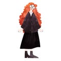 A slender, beautiful, smiling, cheerful young girl with a mop of bright red curls wearing glasses, a dark knitted