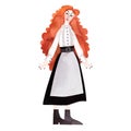 A slender, beautiful, smiling, cheerful young girl with a shock of bright red curls in a white vintage blouse, a black