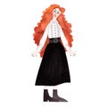 A slender, beautiful, smiling, cheerful young girl with a shock of bright red curls in a white vintage blouse, a black