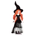 A slender, beautiful, smiling, cheerful young witch with a head of bright red curls in a tight black evening dress with a tulle